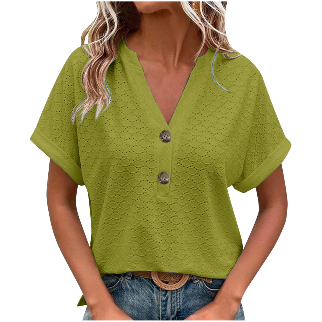 T-shirt da donna ricamato con occhielli, scollo a girocollo, maniche corte