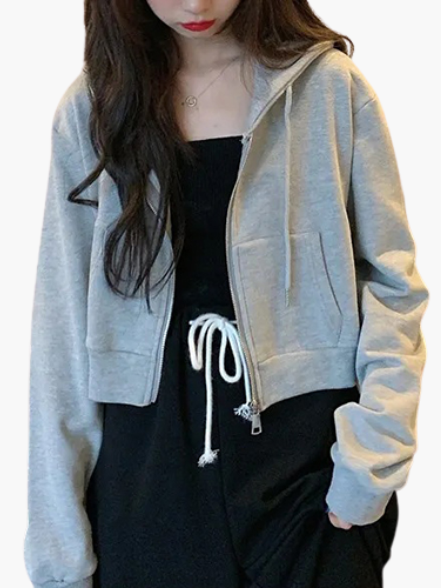 Women's Cropped Sweatshirt with Integrated Hood and Zipper Closure