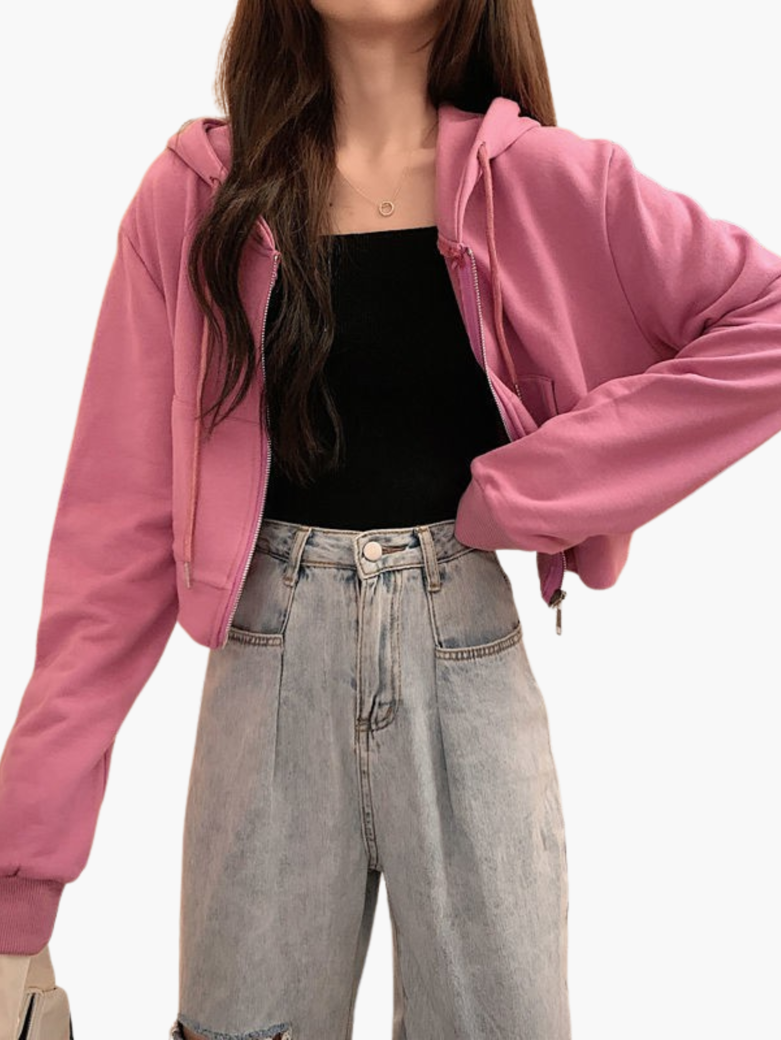 Women's Cropped Sweatshirt with Integrated Hood and Zipper Closure