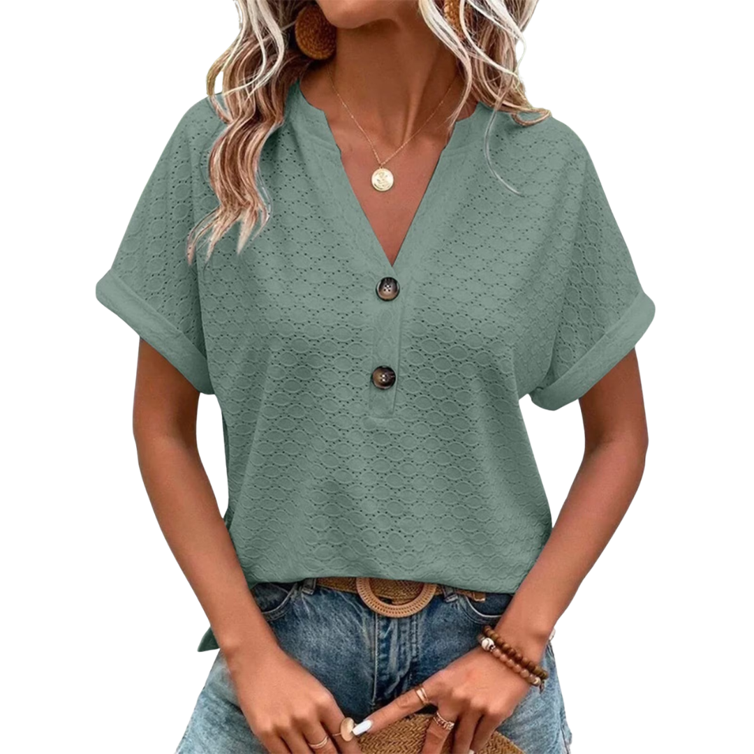 T-shirt da donna ricamato con occhielli, scollo a girocollo, maniche corte