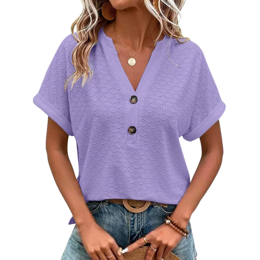 T-shirt da donna ricamato con occhielli, scollo a girocollo, maniche corte