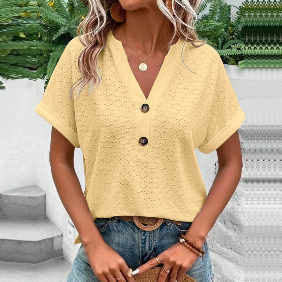 T-shirt da donna ricamato con occhielli, scollo a girocollo, maniche corte