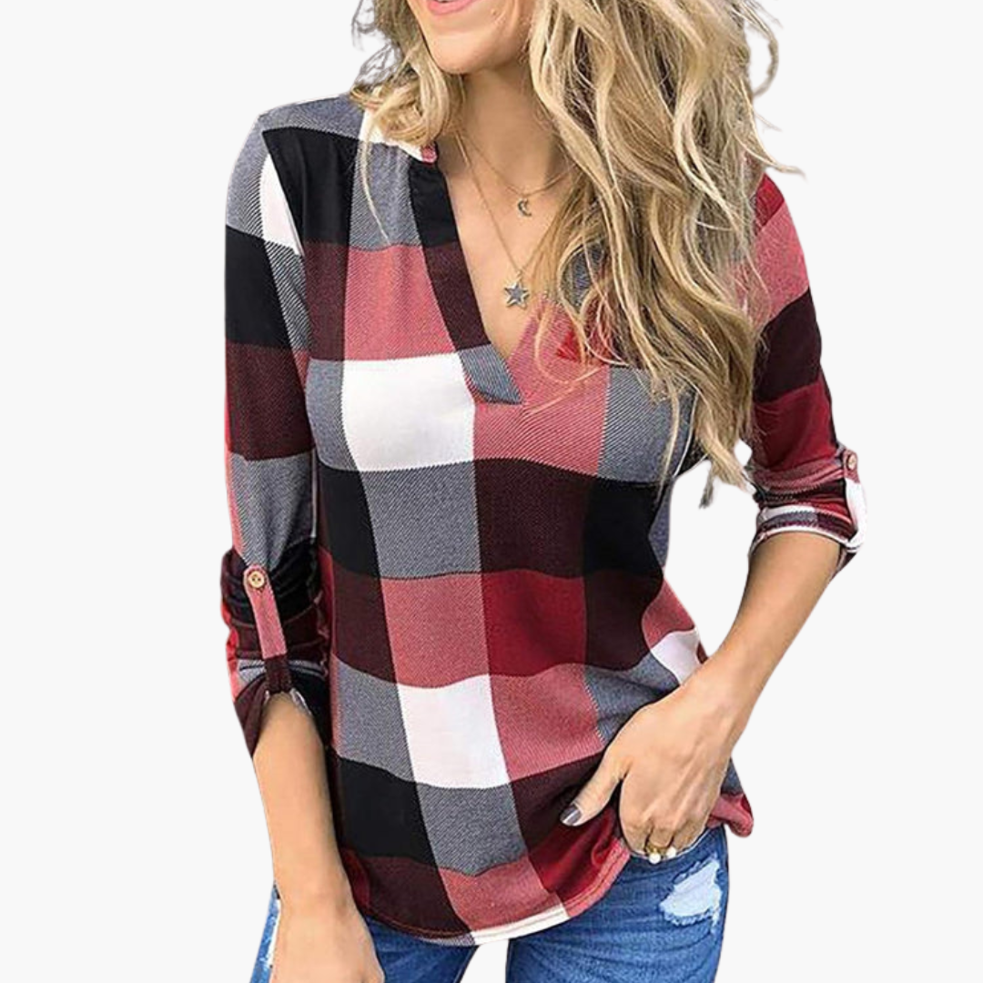 Blusa de cuadros para mujer con escote en V y mangas largas