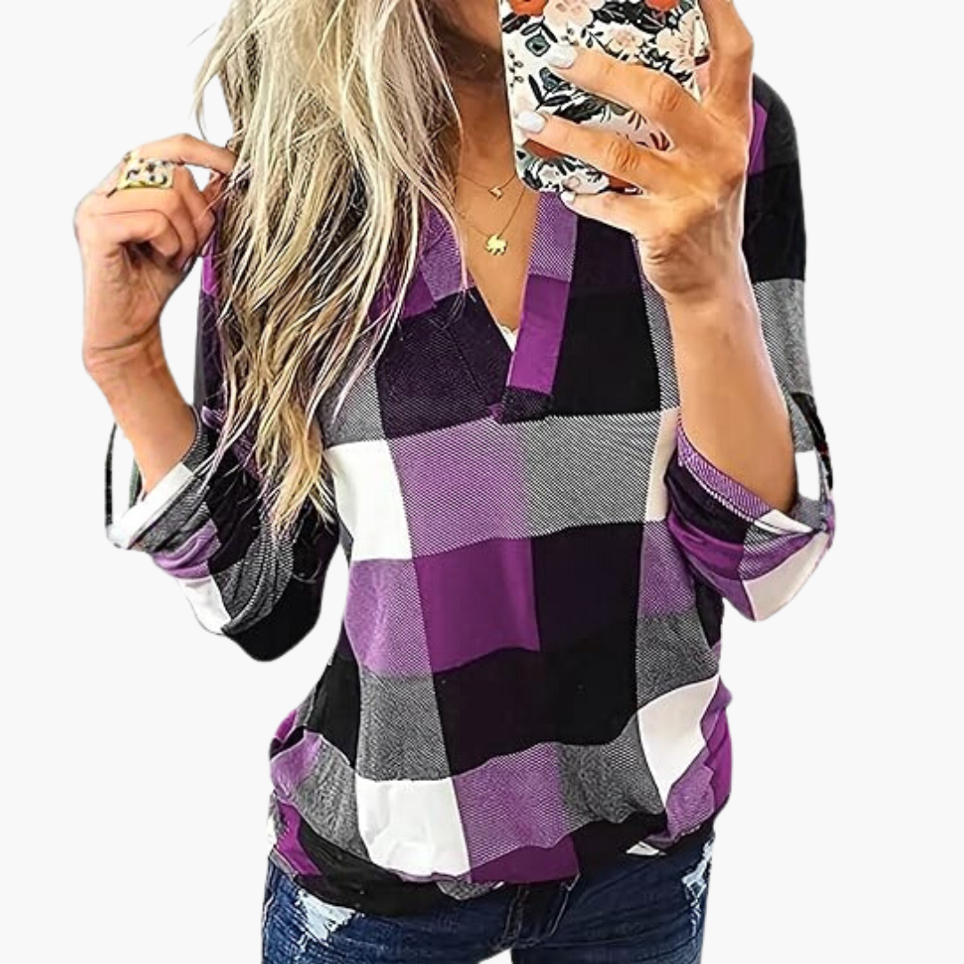 Blusa de cuadros para mujer con escote en V y mangas largas