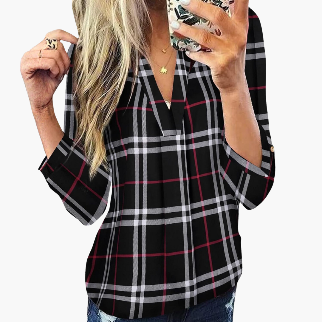 Blusa de cuadros para mujer con escote en V y mangas largas