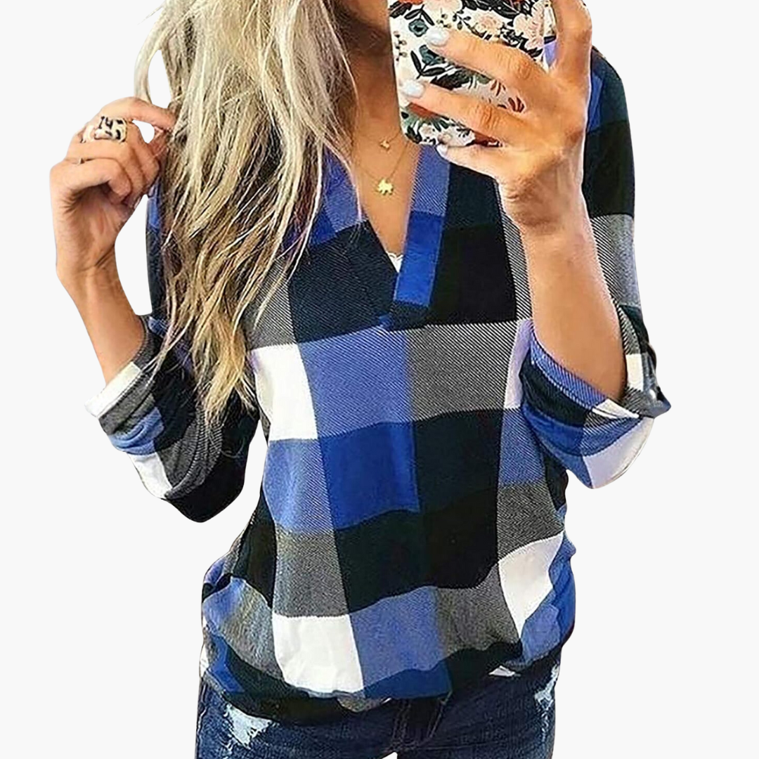 Blusa de cuadros para mujer con escote en V y mangas largas