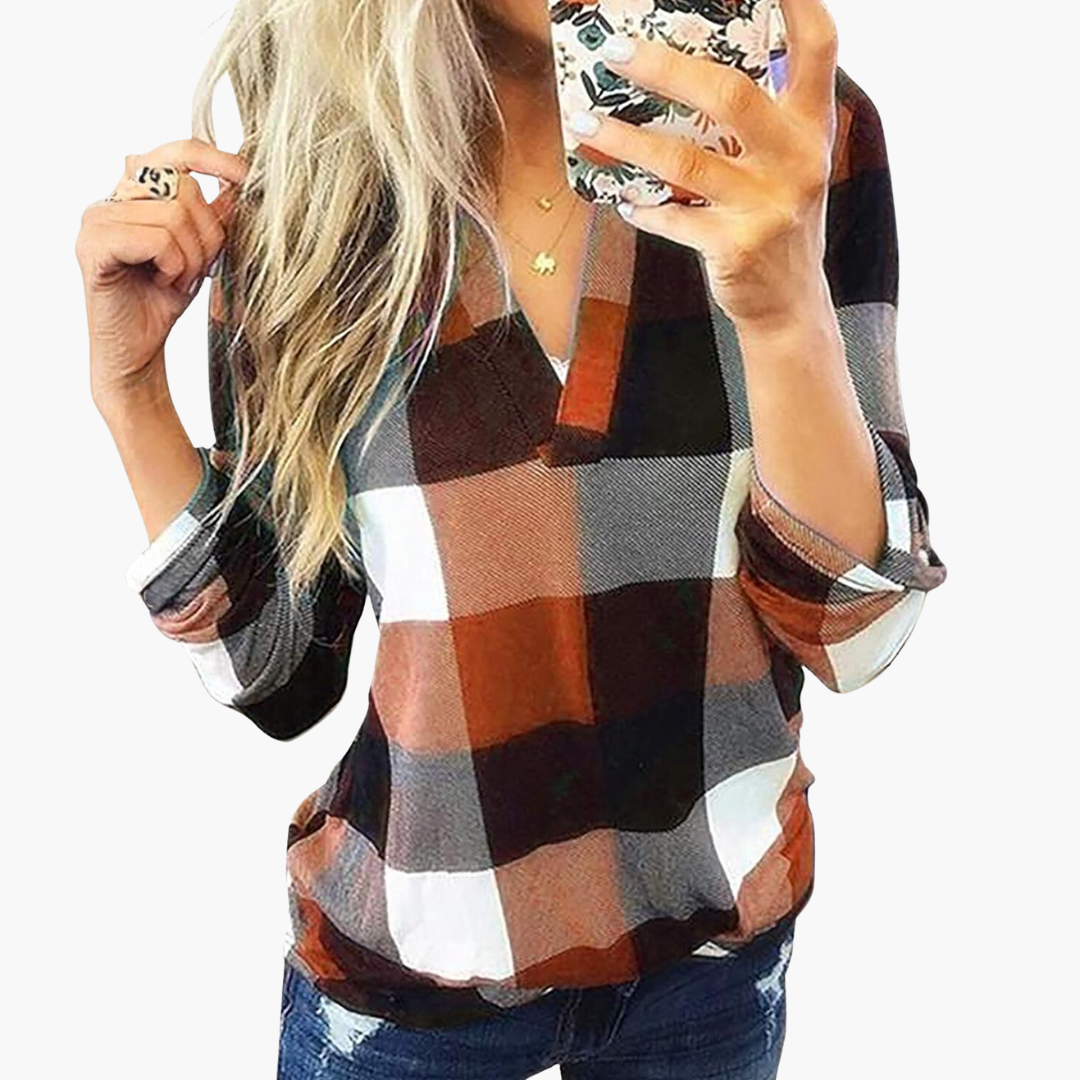 Blusa de cuadros para mujer con escote en V y mangas largas