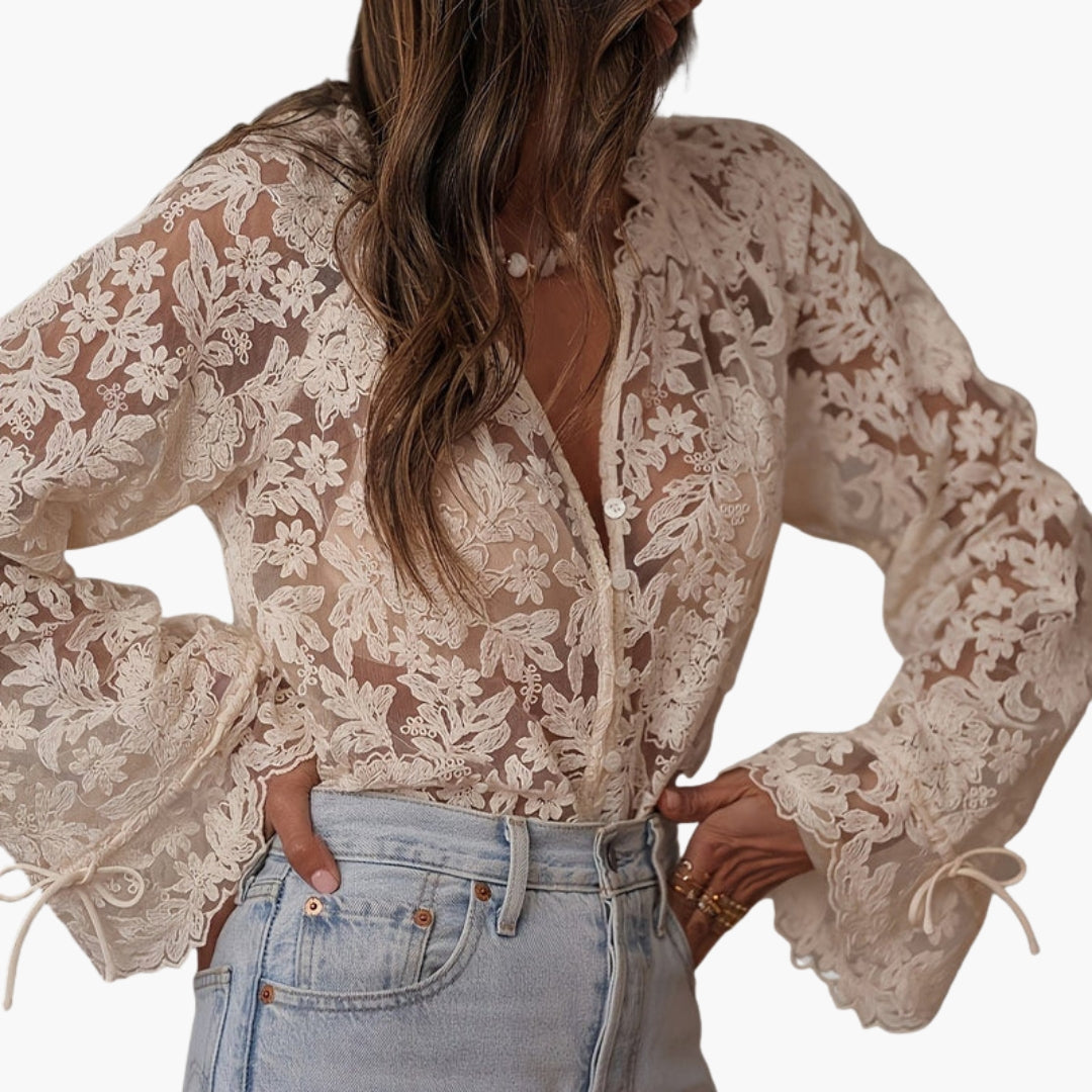 Blouse femme avec col en V et broderie florale