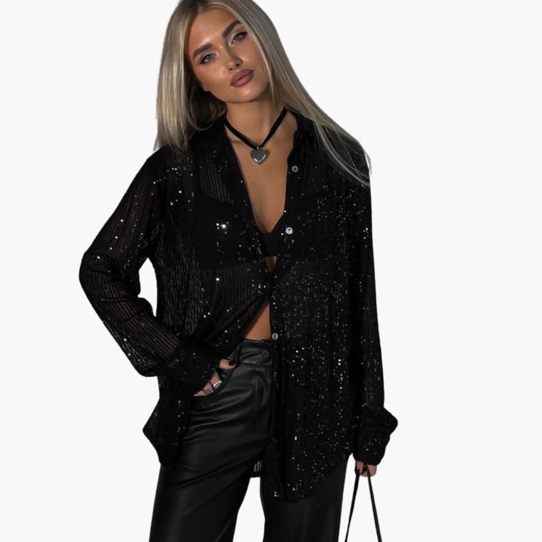 Oversize glitrende bluse til kvinder med lange ærmer og struktureret snit til en chic stil