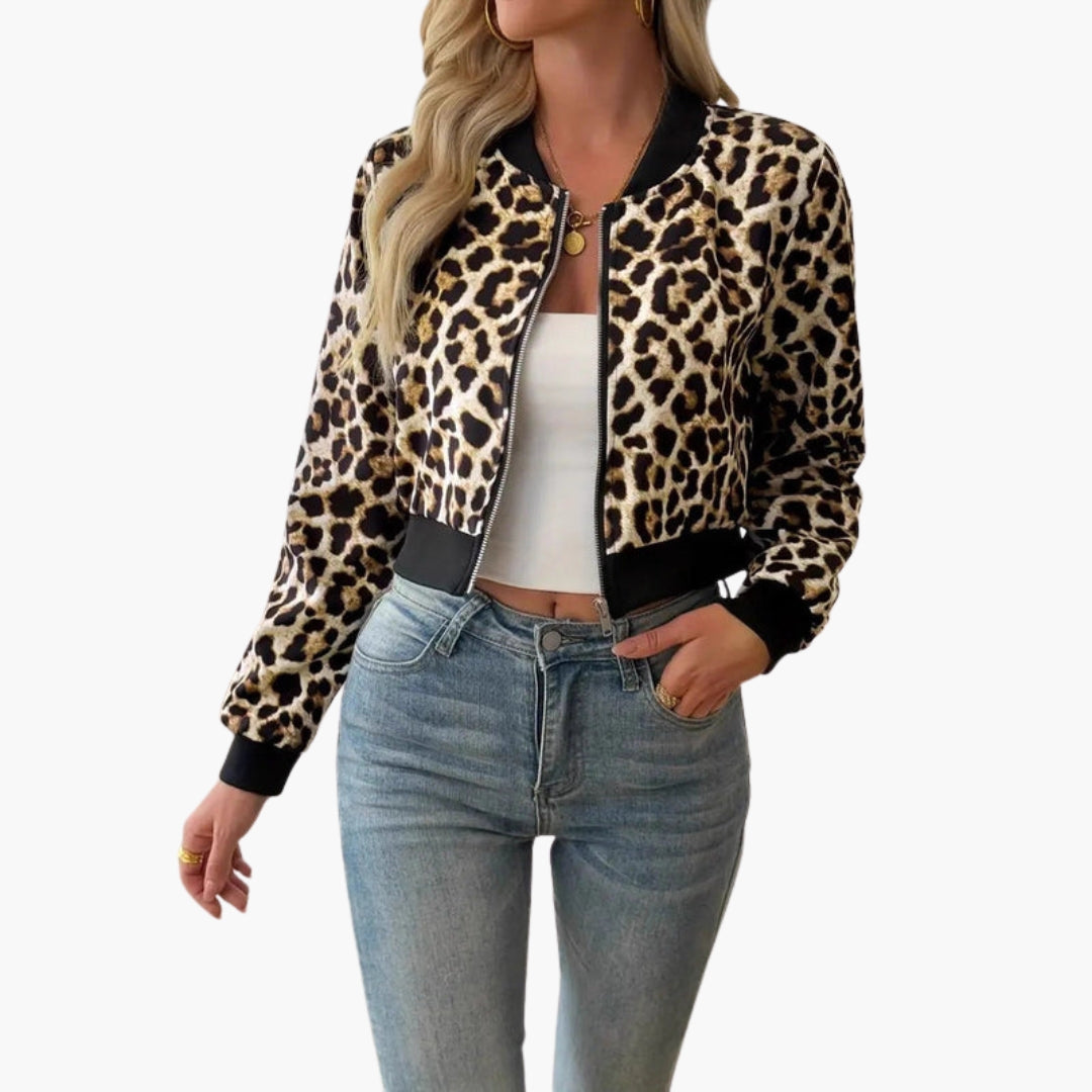 Chaqueta Bomber Mujer con Estampado de Leopardo y Acabados de Canalé