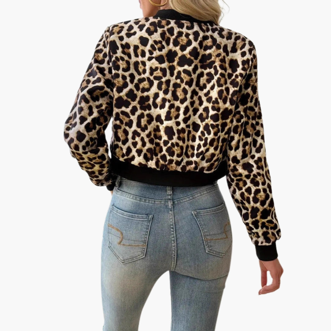Chaqueta Bomber Mujer con Estampado de Leopardo y Acabados de Canalé