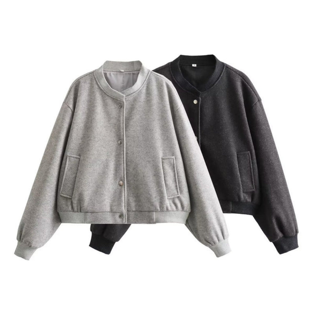 Women's Bomber Jacket with Ribbed Finish and Front Pockets