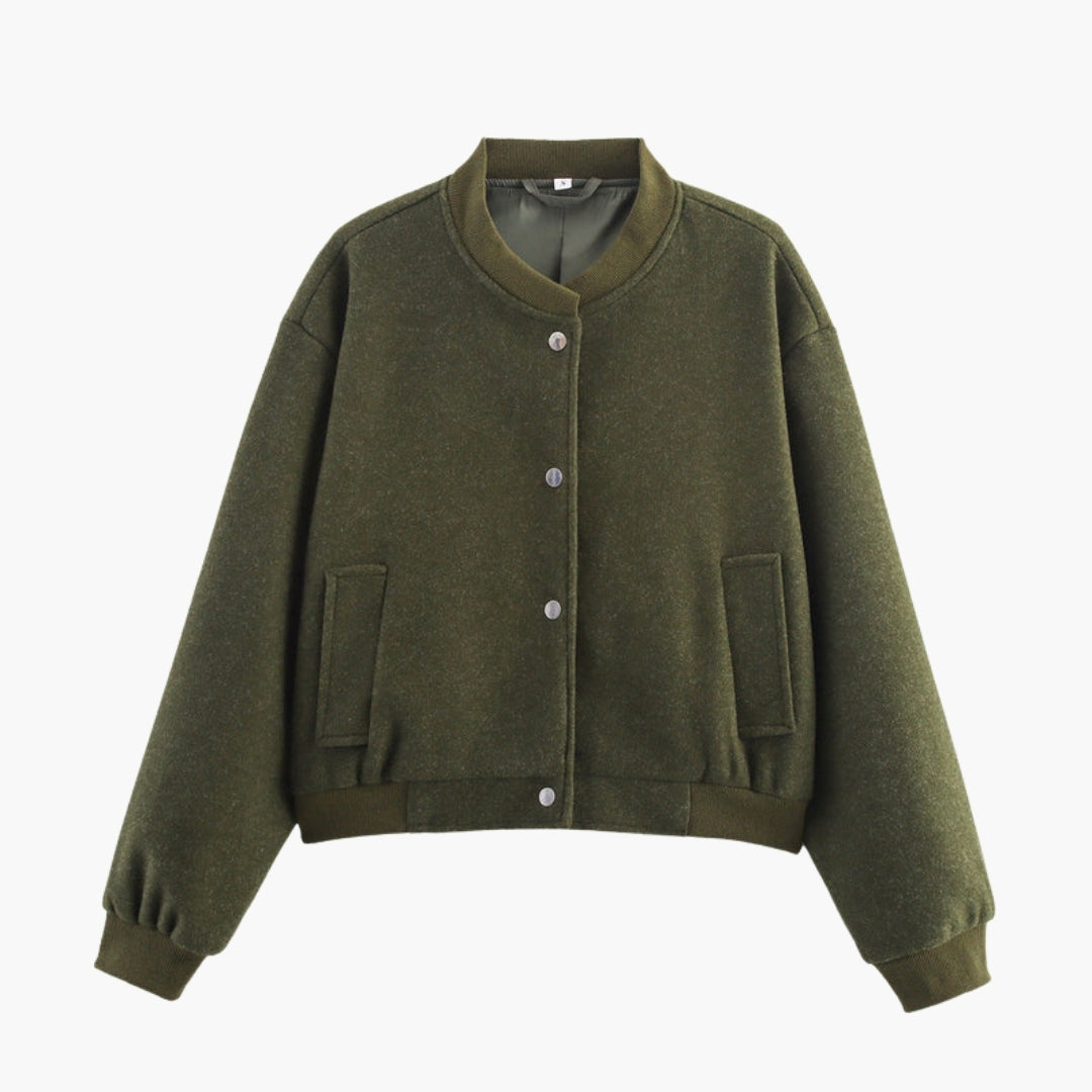 Women's Bomber Jacket with Ribbed Finish and Front Pockets