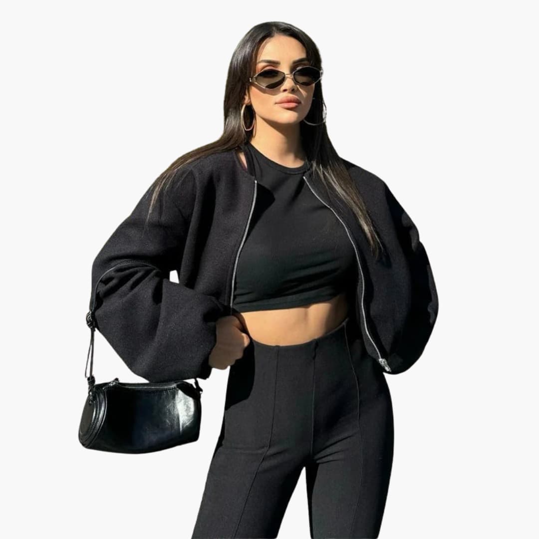 Blouson bomber court femme avec fermeture zippée et manches longues