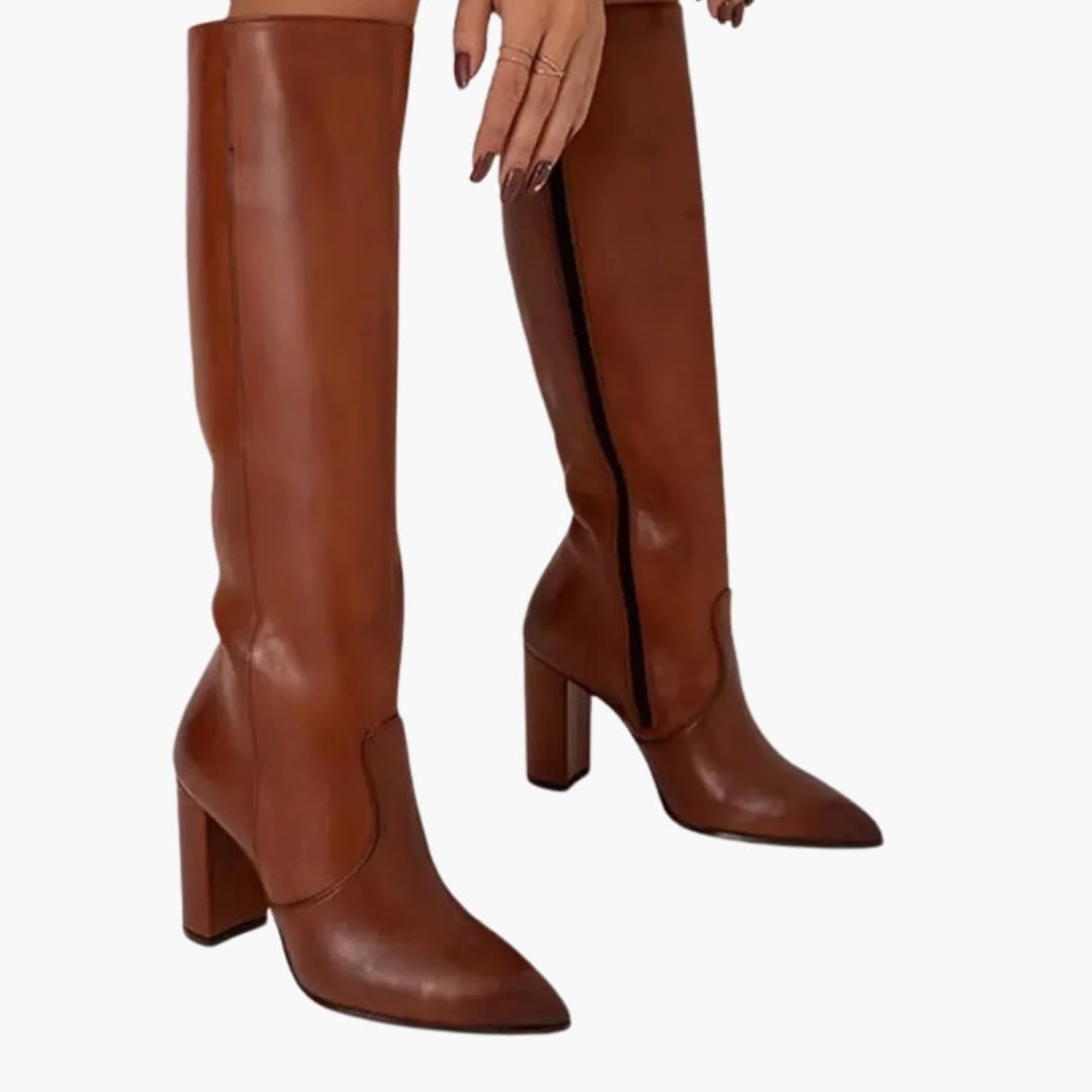 Hohe Damenstiefel mit spitzer Spitze und Blockabsatz