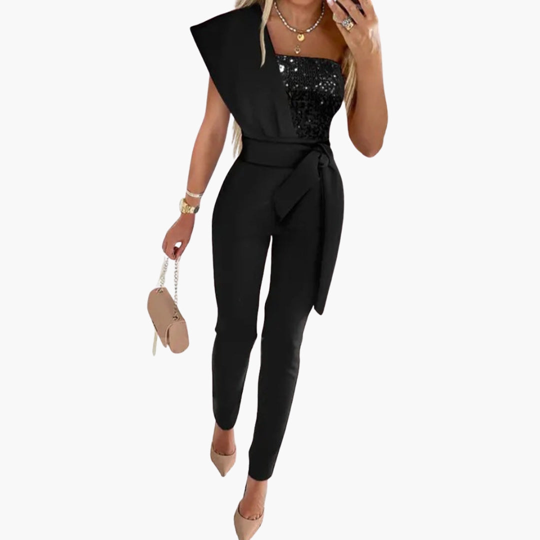 Damen Overall mit freier Schulter und glitzernder Oberfläche