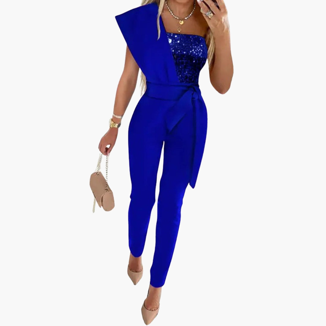 Damen Overall mit freier Schulter und glitzernder Oberfläche