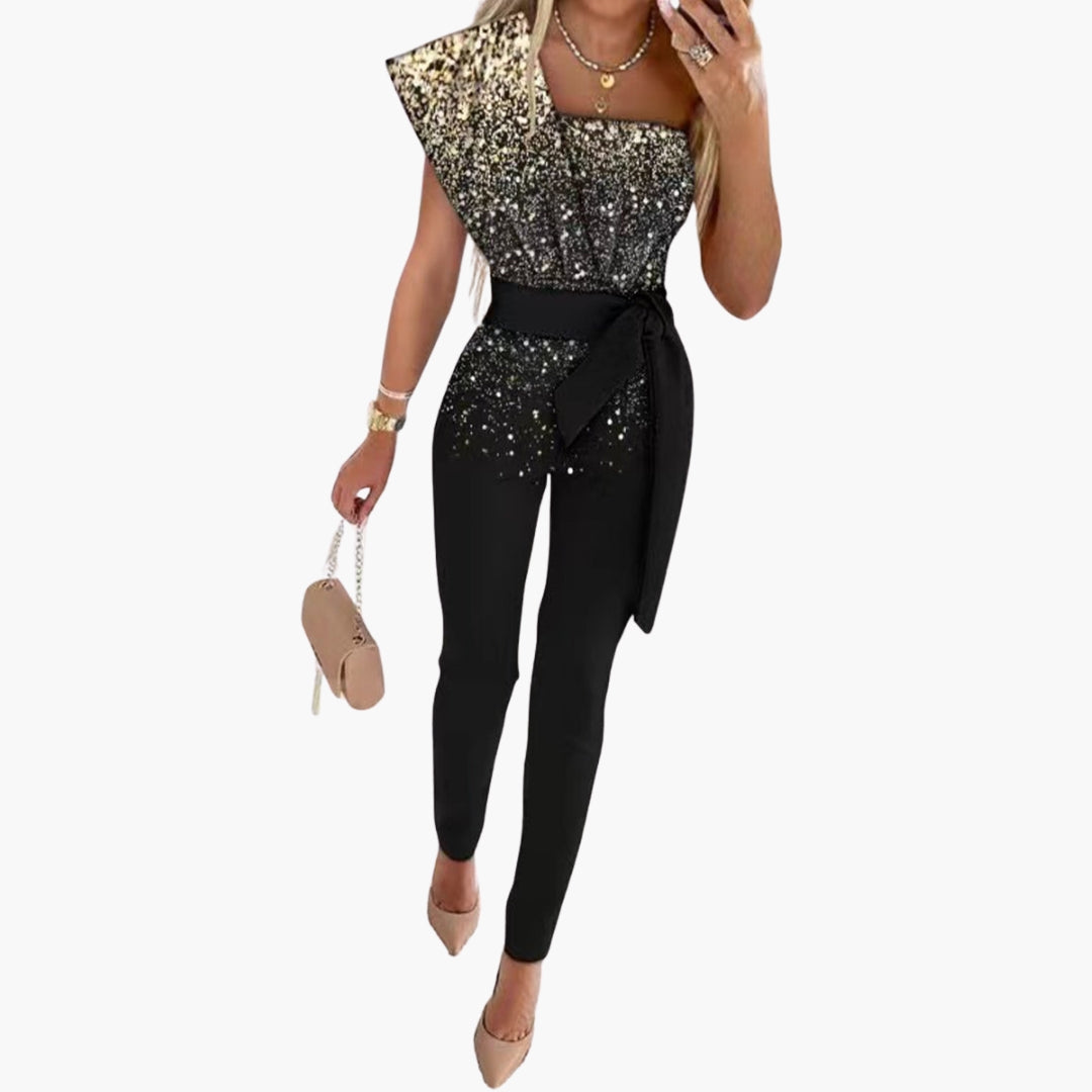Damen Overall mit freier Schulter und glitzernder Oberfläche