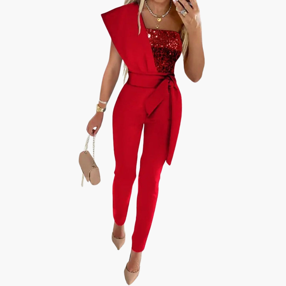 Damen Overall mit freier Schulter und glitzernder Oberfläche