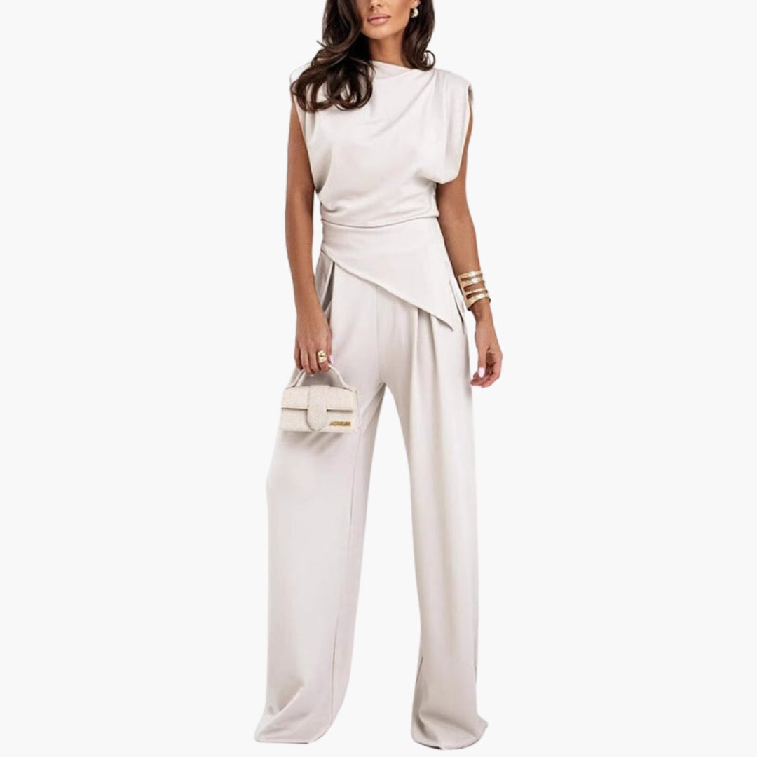 Combinaison femme à encolure drapée et jambes larges