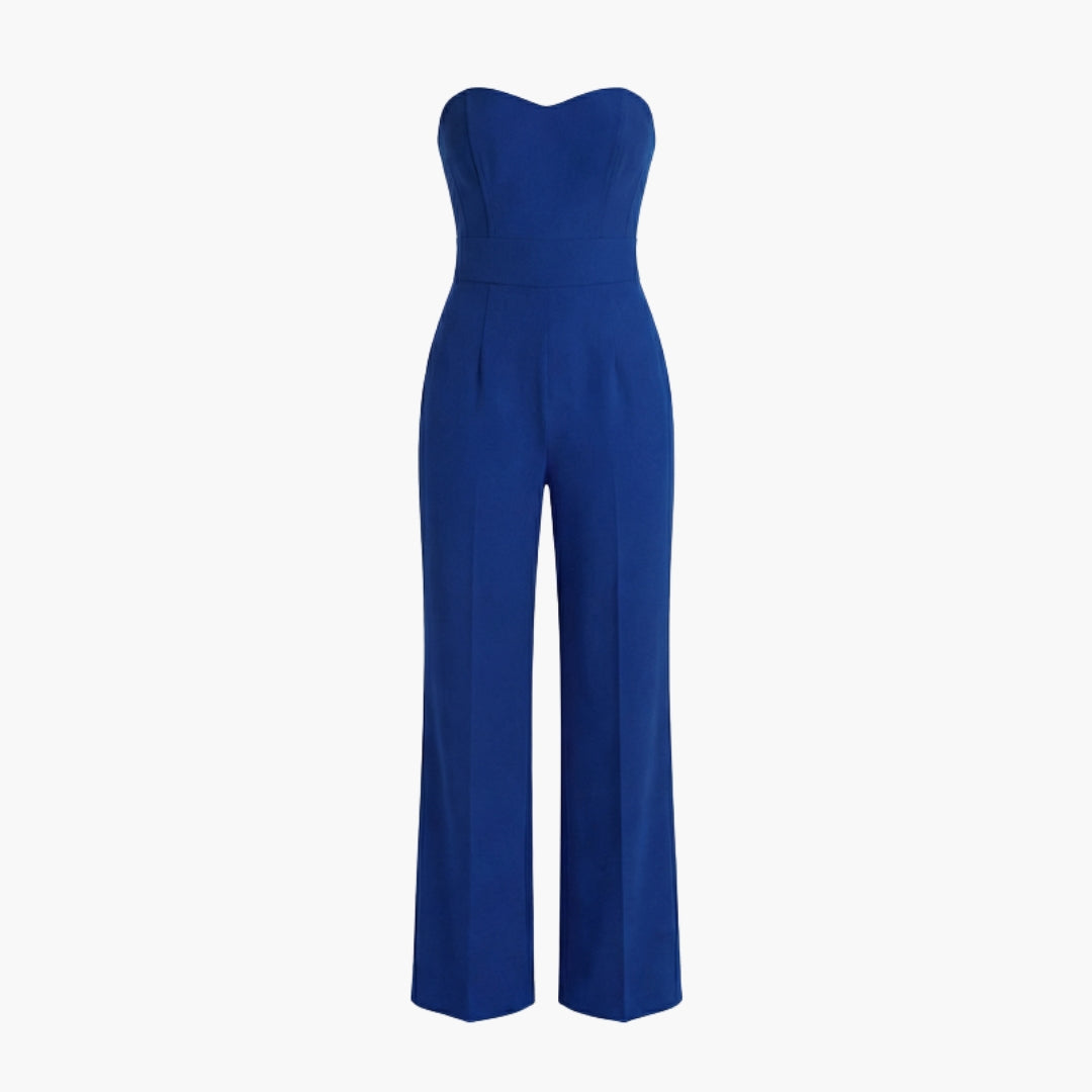 Mono de mujer con corpiño sin tirantes y pantalones anchos