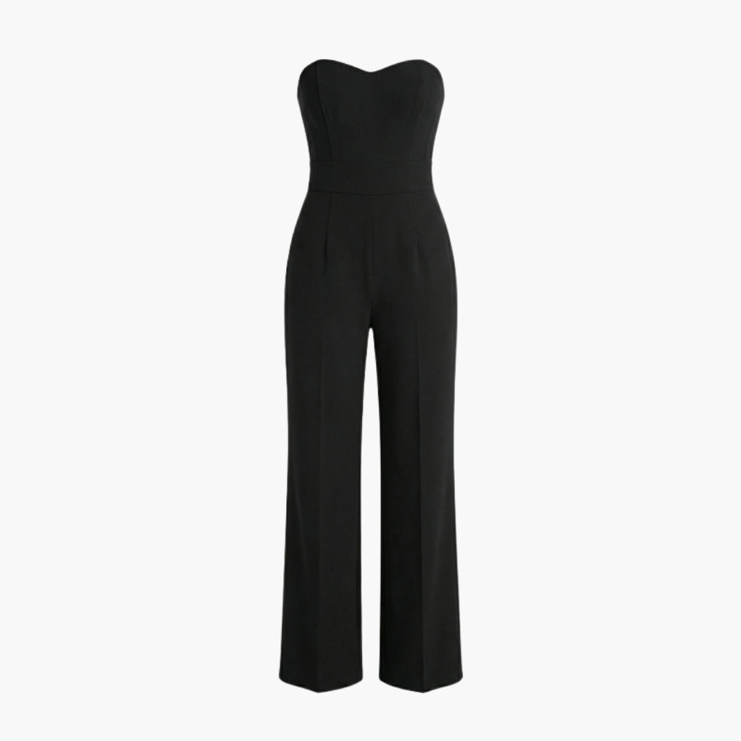 Mono de mujer con corpiño sin tirantes y pantalones anchos