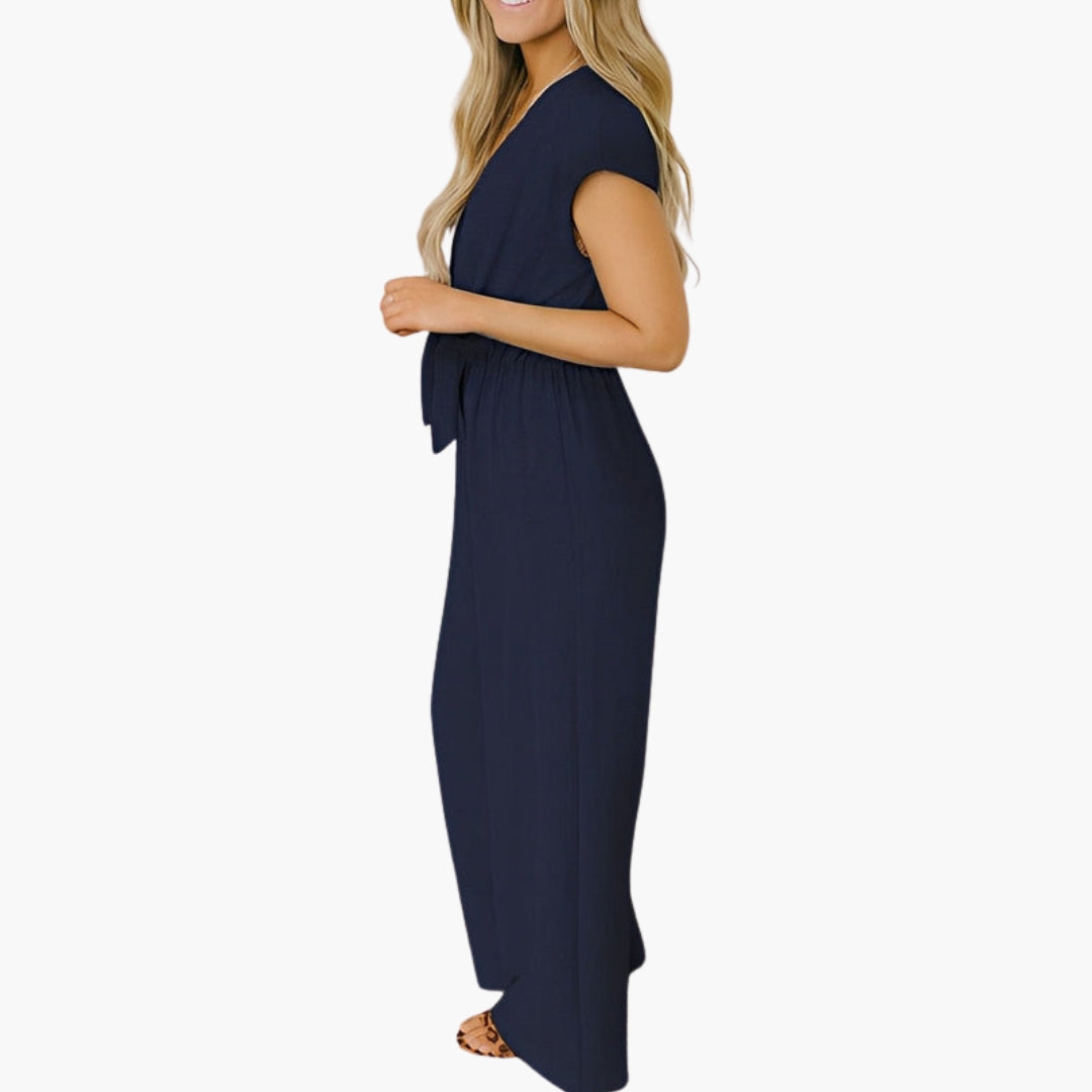 Combinaison femme col V avec lien à nouer à la taille