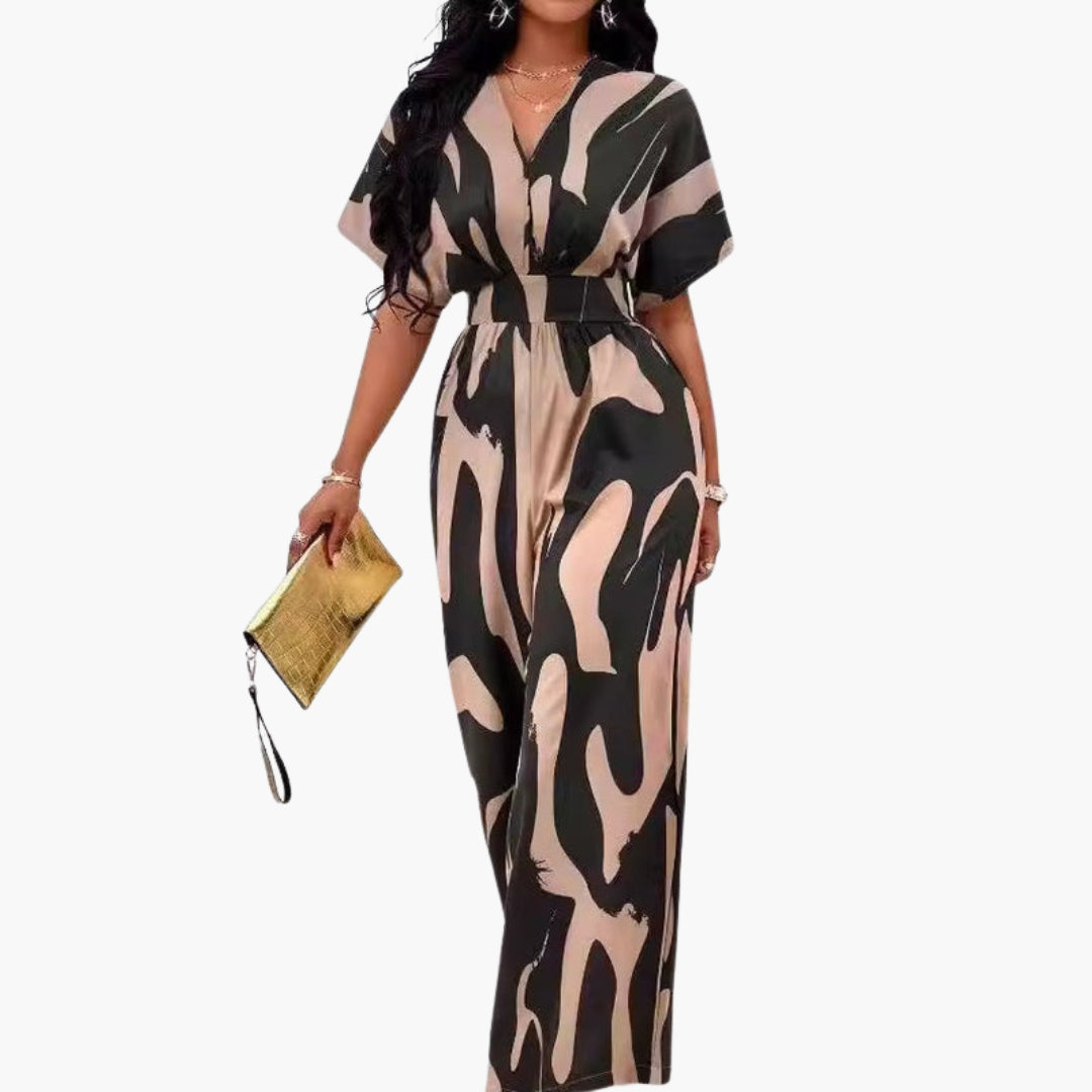 Combinaison femme col en V et jambes larges avec ceinture