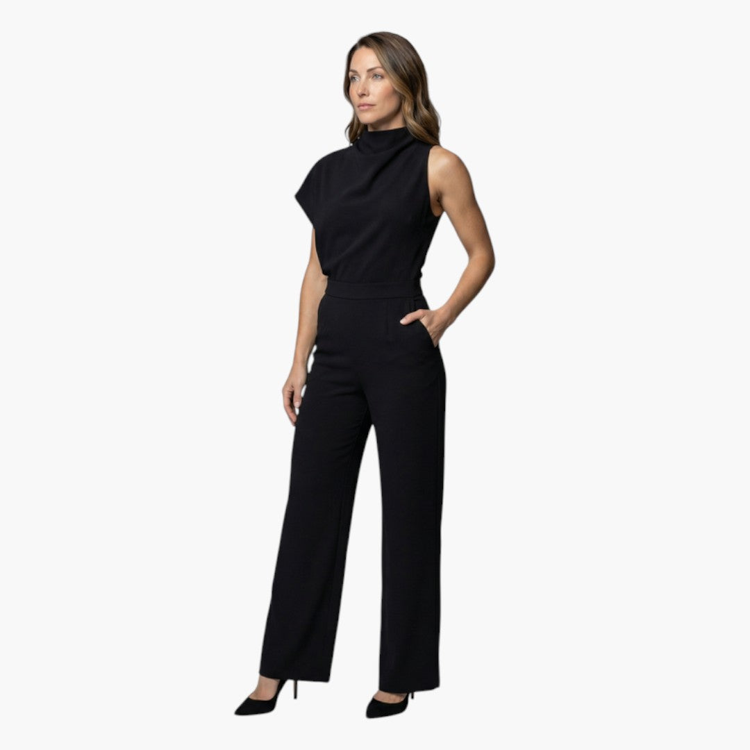 Combinaison femme col montant asymétrique avec jambes larges