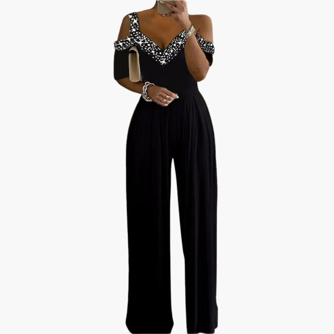 Mono de mujer con hombros descubiertos, escote en V y pantalones anchos