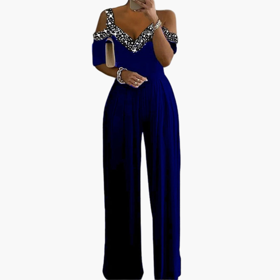Mono de mujer con hombros descubiertos, escote en V y pantalones anchos