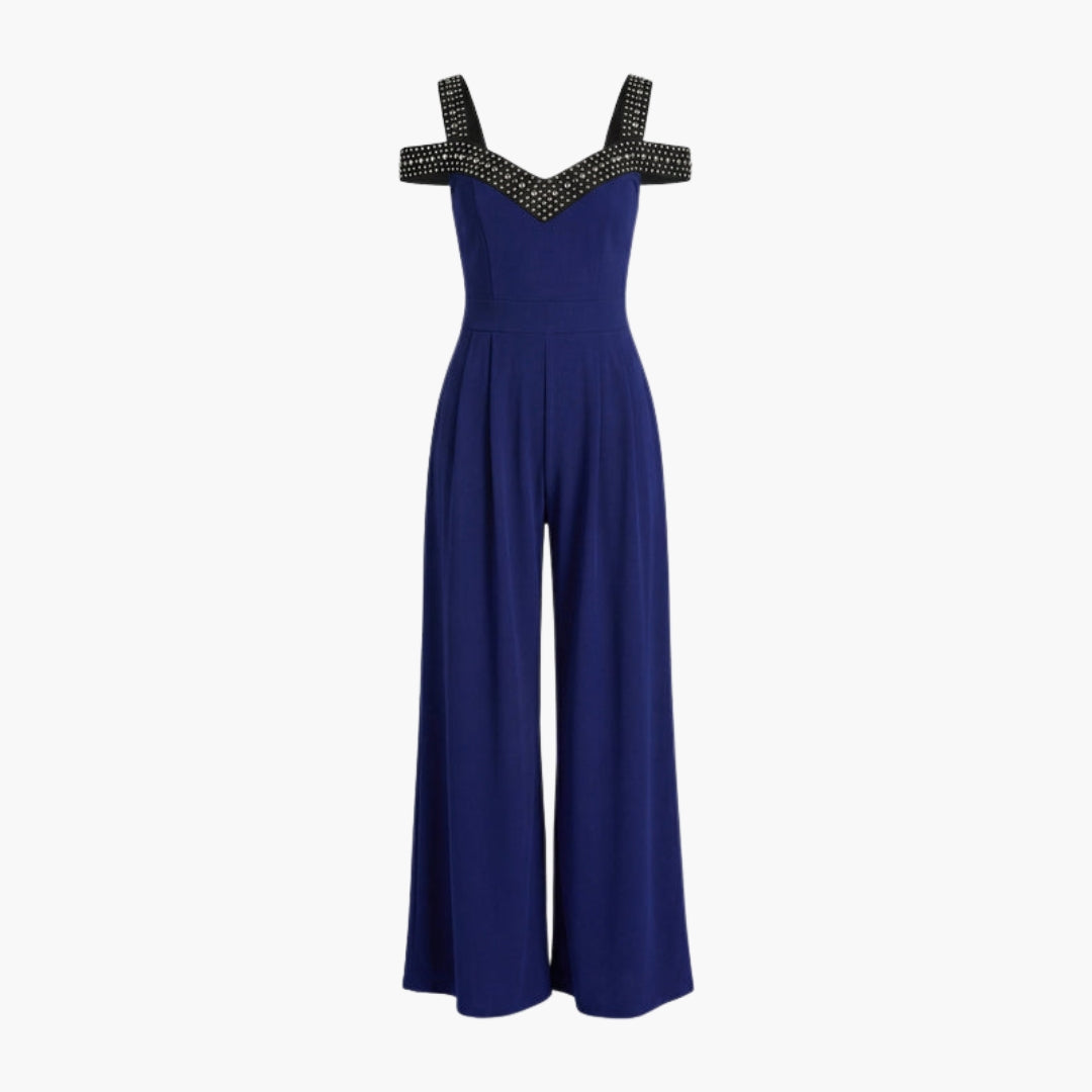 Mono de mujer con hombros descubiertos, escote en V y pantalones anchos