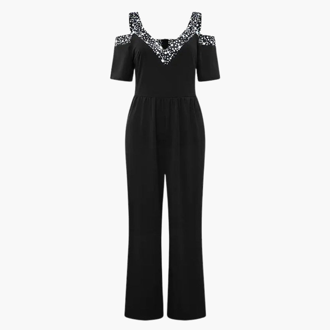 Mono de mujer con hombros descubiertos, escote en V y pantalones anchos