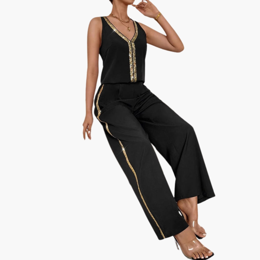 Sleeveless women's jumpsuit with V-neck and wide legs