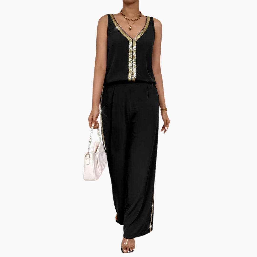 Sleeveless women's jumpsuit with V-neck and wide legs