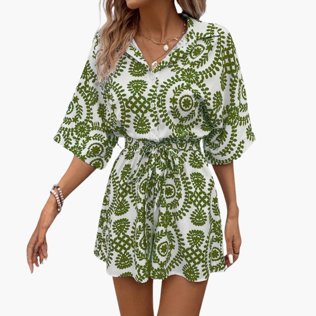 Combinaison short femme à col chemise a ceinture à nouer