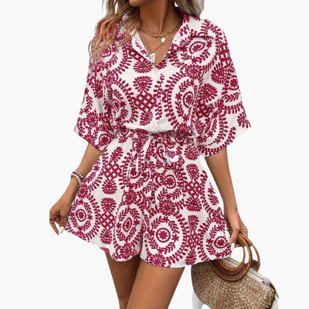 Combinaison short femme à col chemise a ceinture à nouer