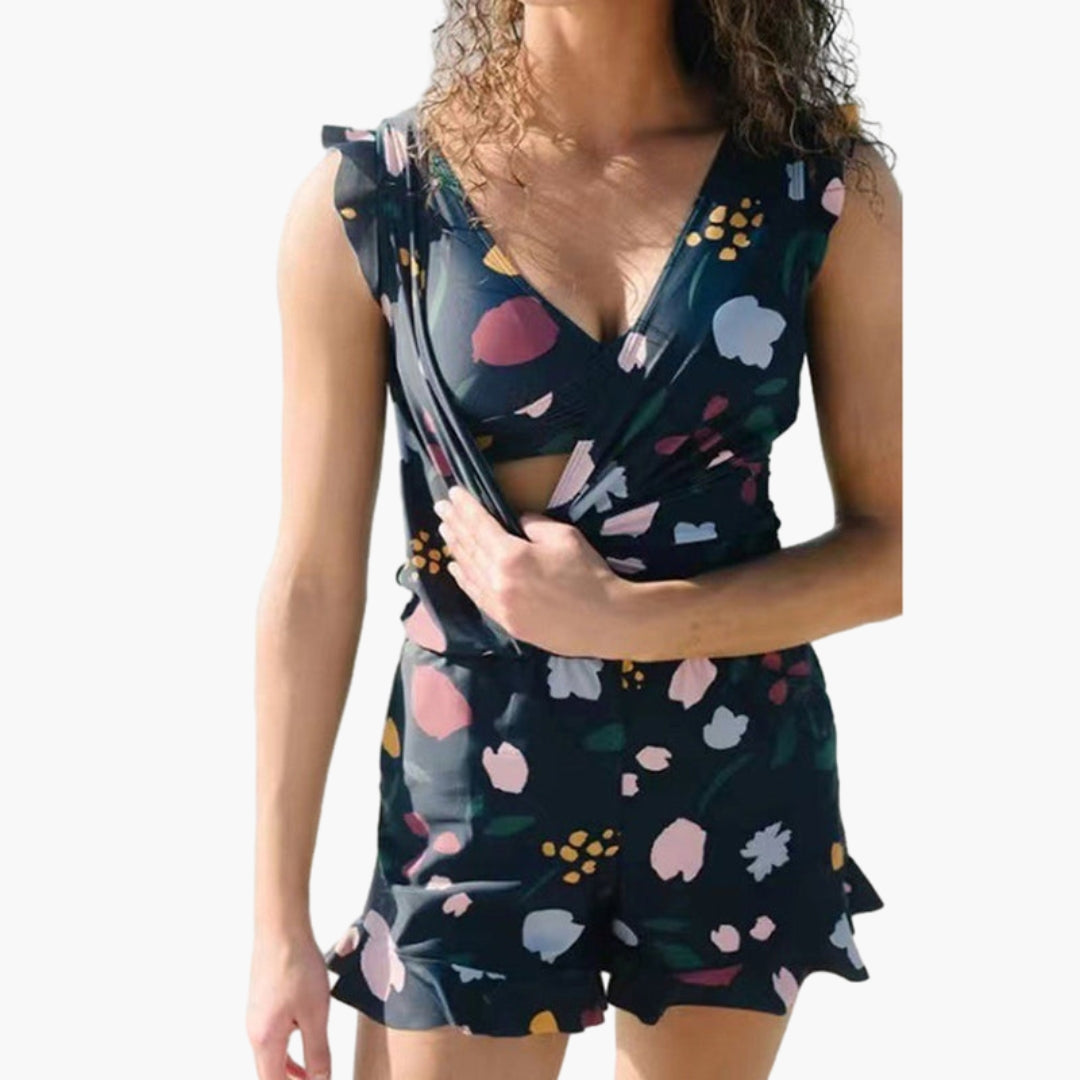 Mono corto para mujer con volantes, cuello en V y bolsillos