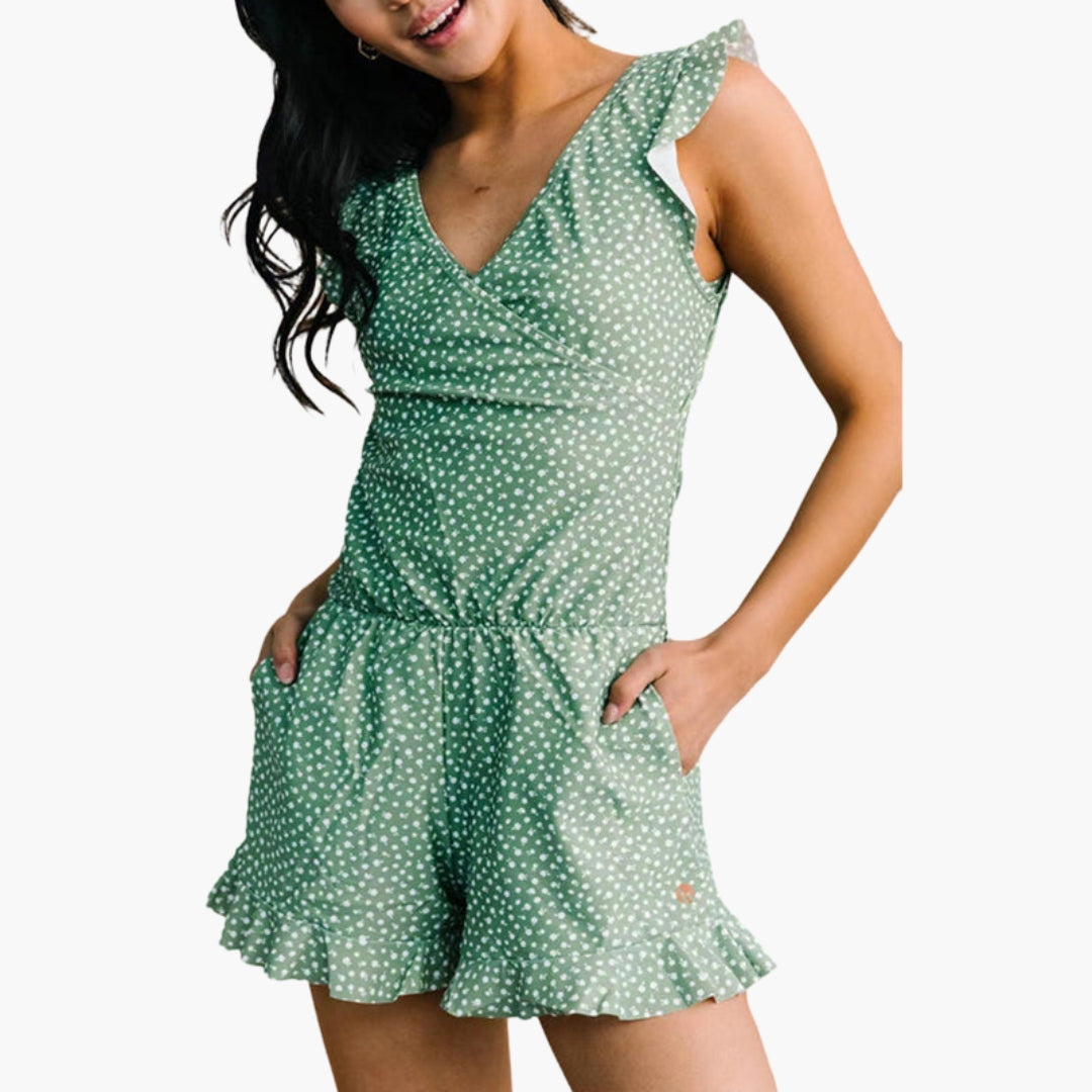 Mono corto para mujer con volantes, cuello en V y bolsillos