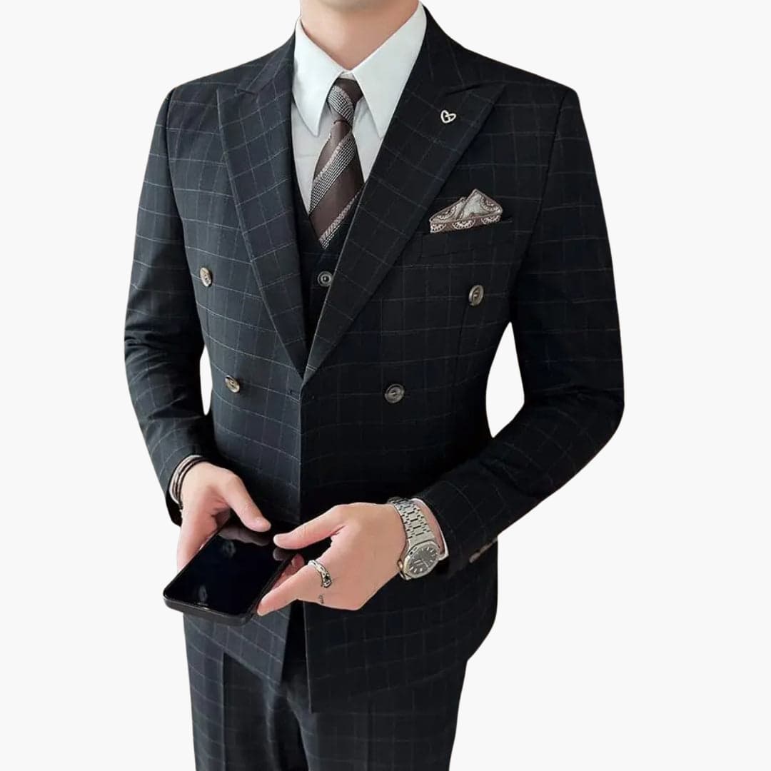Costume pour homme trois pièces à motif à carreaux avec col à revers