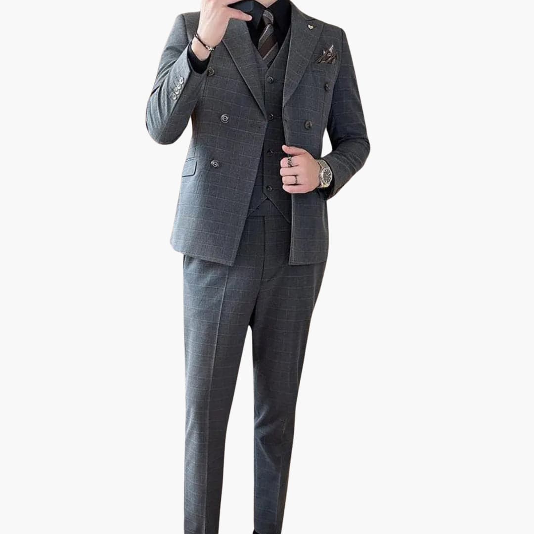 Costume pour homme trois pièces à motif à carreaux avec col à revers