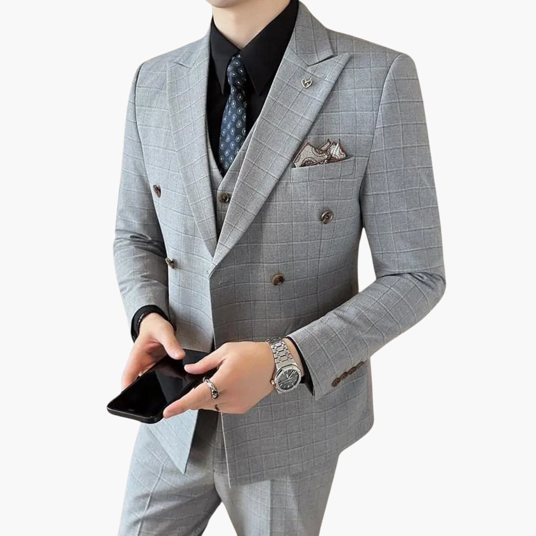 Costume pour homme trois pièces à motif à carreaux avec col à revers