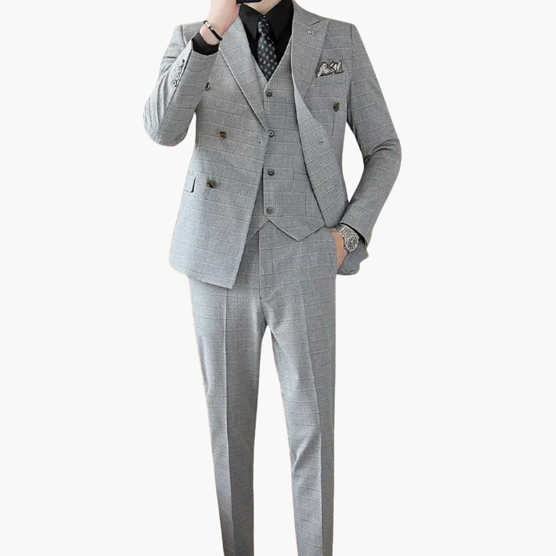 Costume pour homme trois pièces à motif à carreaux avec col à revers
