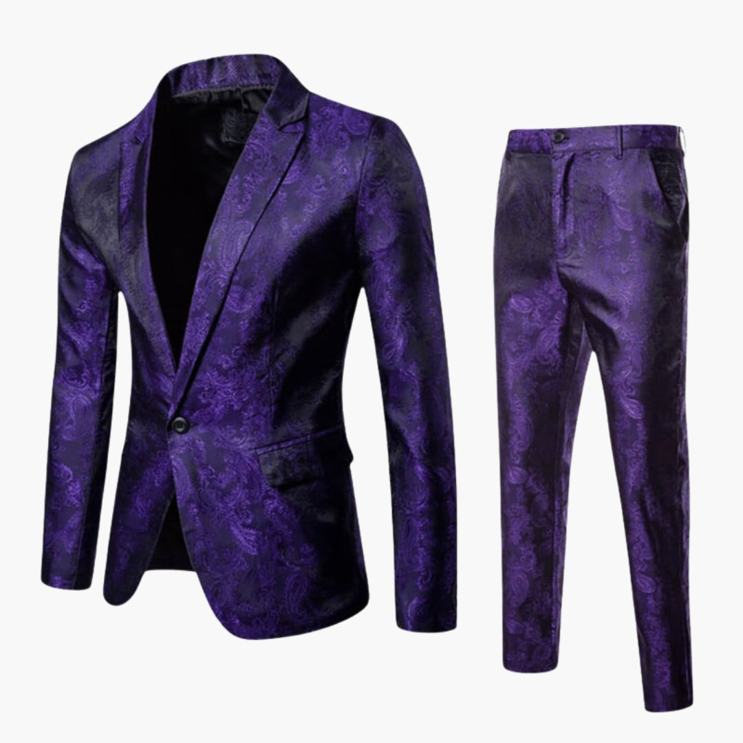 Costume deux pièces pour homme en jacquard avec col à revers et fermeture à boutons
