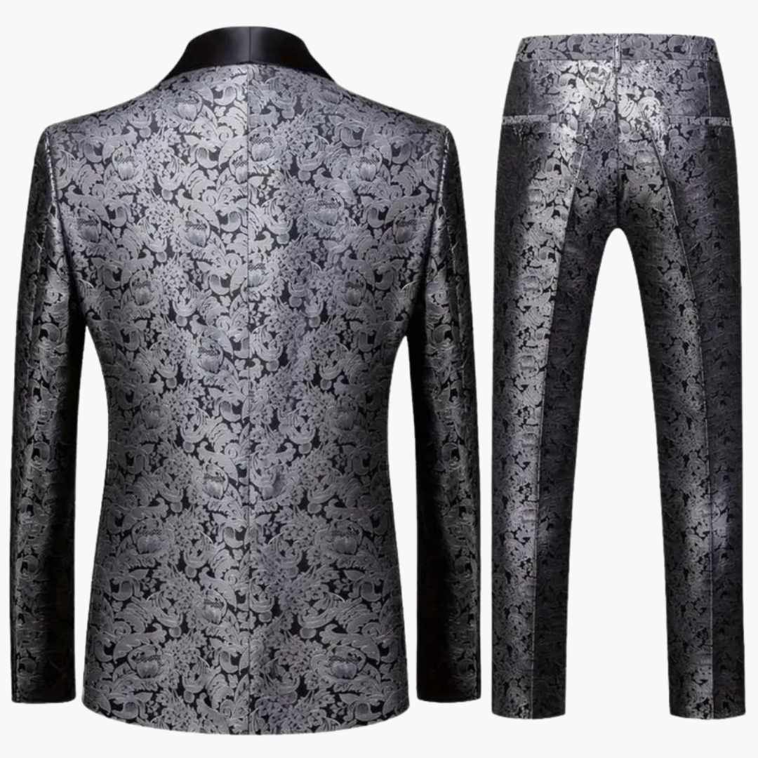 Dreiteiliger Herrenanzug aus Jacquard mit Satinrevers und schmal geschnittenen Hosen