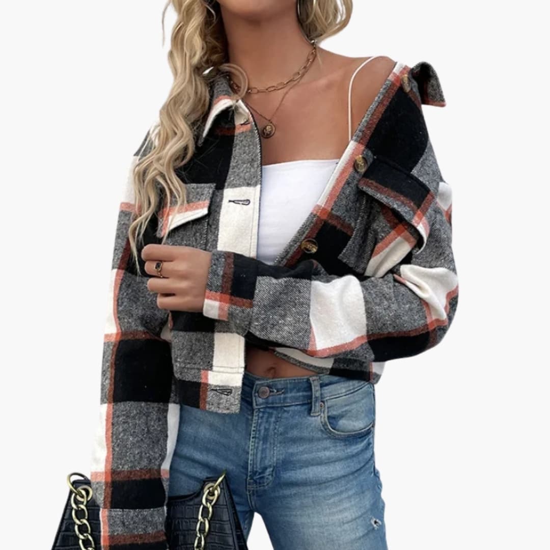Dame Veste à Carreaux avec Manches Longues et Fermeture à Boutons