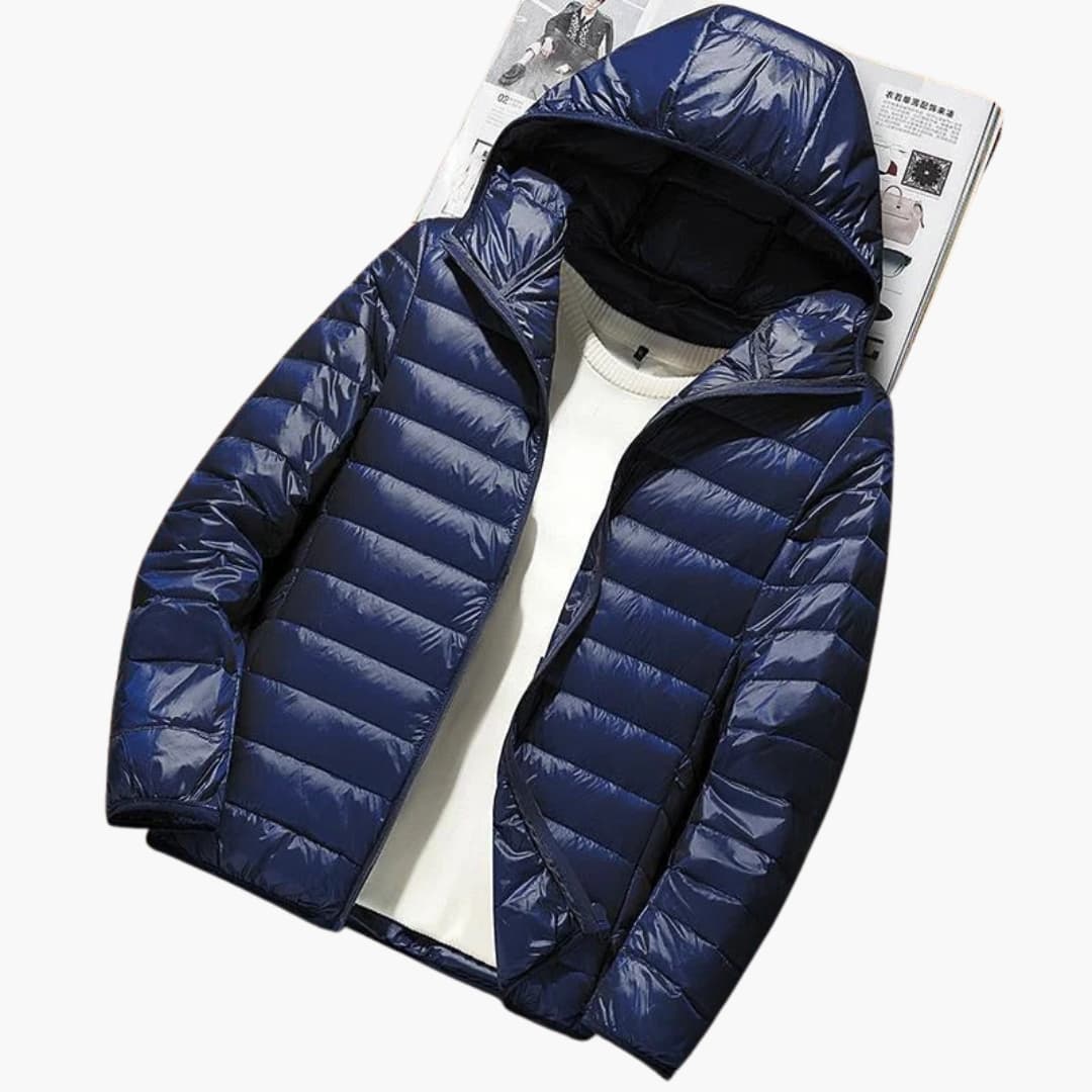 Chaqueta acolchada con capucha para hombre con acolchado horizontal y cierre frontal con cremallera