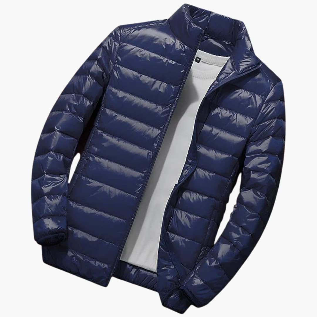 Chaqueta acolchada con capucha para hombre con acolchado horizontal y cierre frontal con cremallera