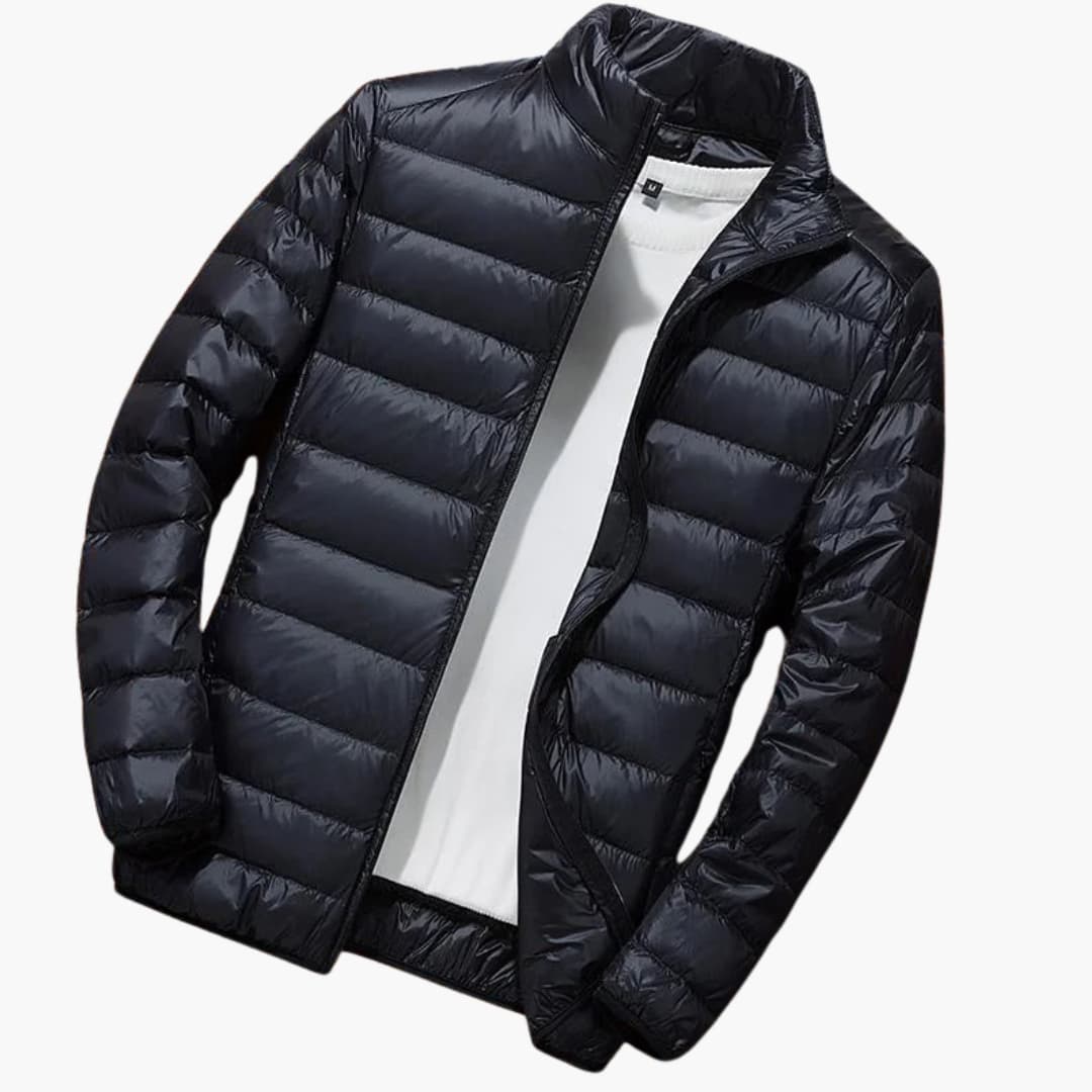 Chaqueta acolchada con capucha para hombre con acolchado horizontal y cierre frontal con cremallera
