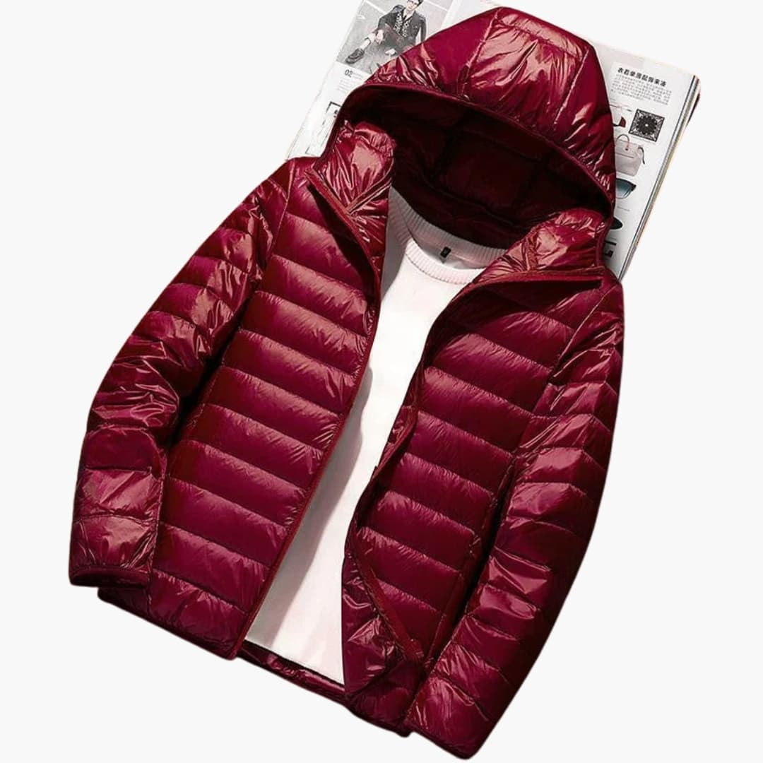 Chaqueta acolchada con capucha para hombre con acolchado horizontal y cierre frontal con cremallera